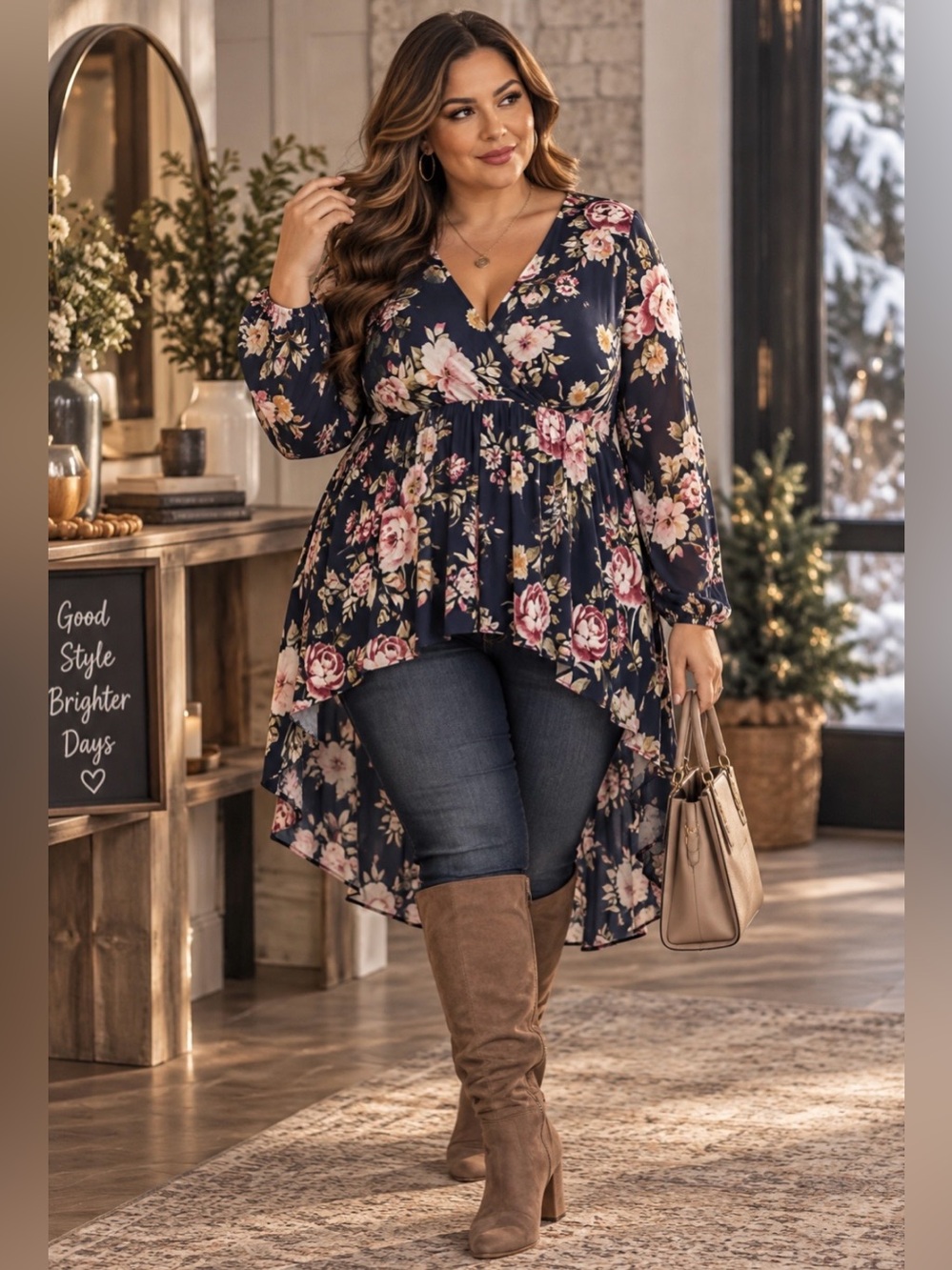 Floral High-Low V-Neck Tunic Blouse Navy Pink